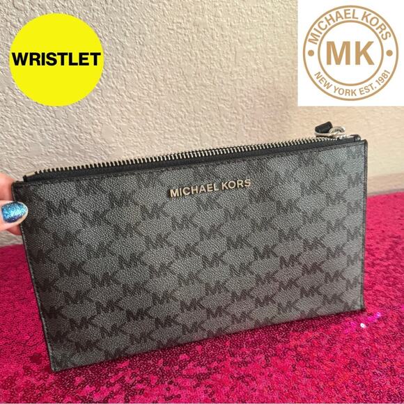 🤍MICHAEL KORS🤍 Classic Black, Grey MK Branded Wristlet, Silver Hardware - Picture 1 of 10